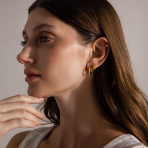 May include: A side profile of a person wearing two gold hoop earrings. The earrings are small and have a textured design. The person has long brown hair and is wearing a light-colored top.