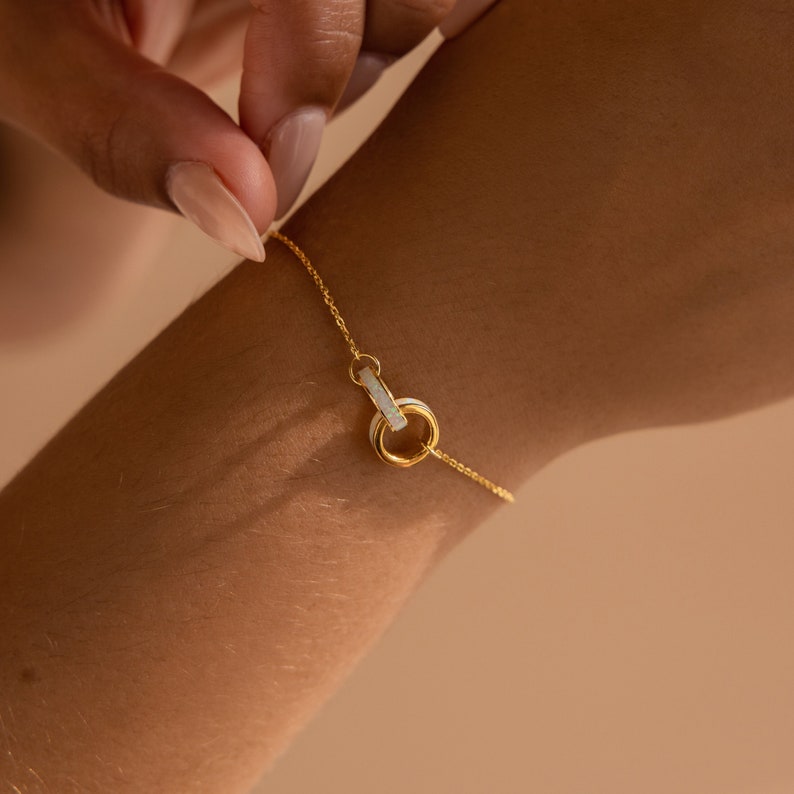 Interlocking Opal Bracelet by Caitlyn Minimalist Dainty Infinity Charm Bracelet Opal Inlay Jewelry Gift for Girlfriend BR046 18K GOLD