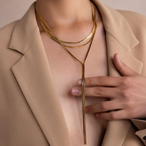 Long Y Herringbone Necklace by Caitlyn Minimalist • Layered Lariat Chain Necklace in Gold • Statement Jewelry • Girlfriend Gift • NR263