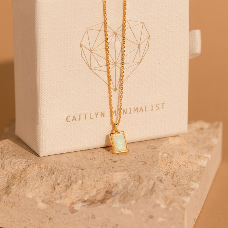 Opal Charm Necklace by CaitlynMinimalist Dainty Pendant Necklace Baguette Cut Gemstone Necklace Opal Jewelry Bridesmaid Gift NR164 image 10