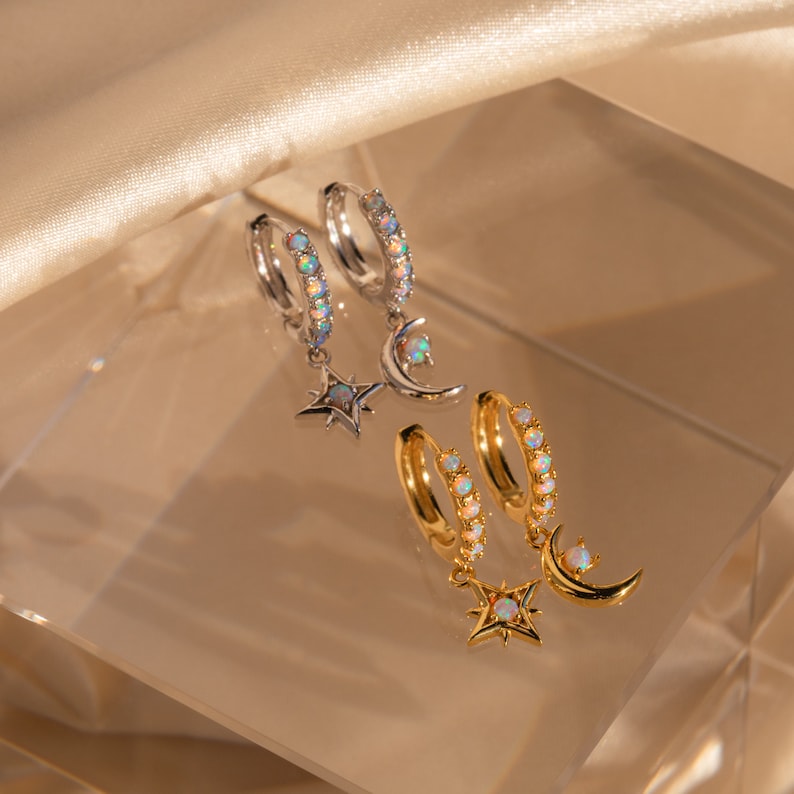 Opal Space Huggie Earrings by Caitlyn Minimalist Moon and Star Dangling Earrings Celestial Jewelry Best Friend Gift ER287 image 7
