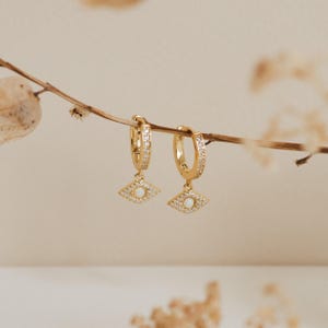 Dangling Evil Eye Opal Hoop Earrings by Caitlyn Minimalist • Diamond Pavé Huggie Earrings with Evil Eye Charm • Best Friend Gift • ER261
