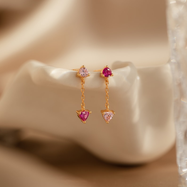 Mismatched Pink Drop Earrings by Caitlyn Minimalist Ruby Pink Crystal Earrings Dangling Chain Earrings Perfect Gift for Her ER368 image 2