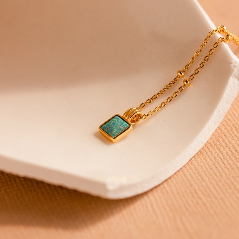 Turquoise Opal Pendant Necklace by Caitlyn Minimalist Dainty Square Charm Necklace on Satellite Chain Opal Jewelry Sister Gift NR161 GARDEN GREEN