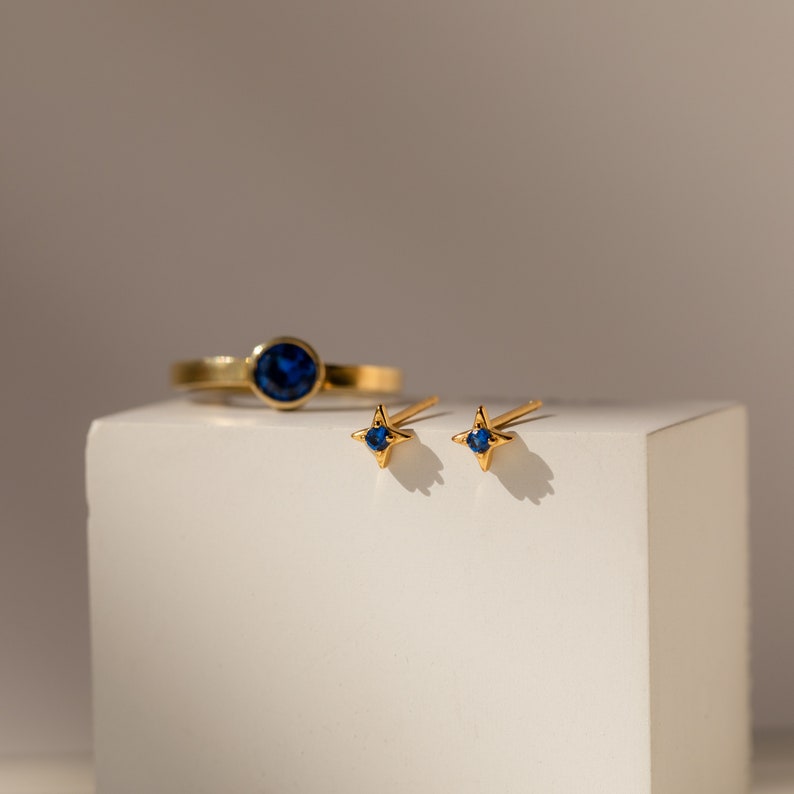 Sapphire Star Stud Earrings by Caitlyn Minimalist Dainty Blue Gemstone Earrings Celestial Crystal Jewelry Birthday Gift ER319 image 8