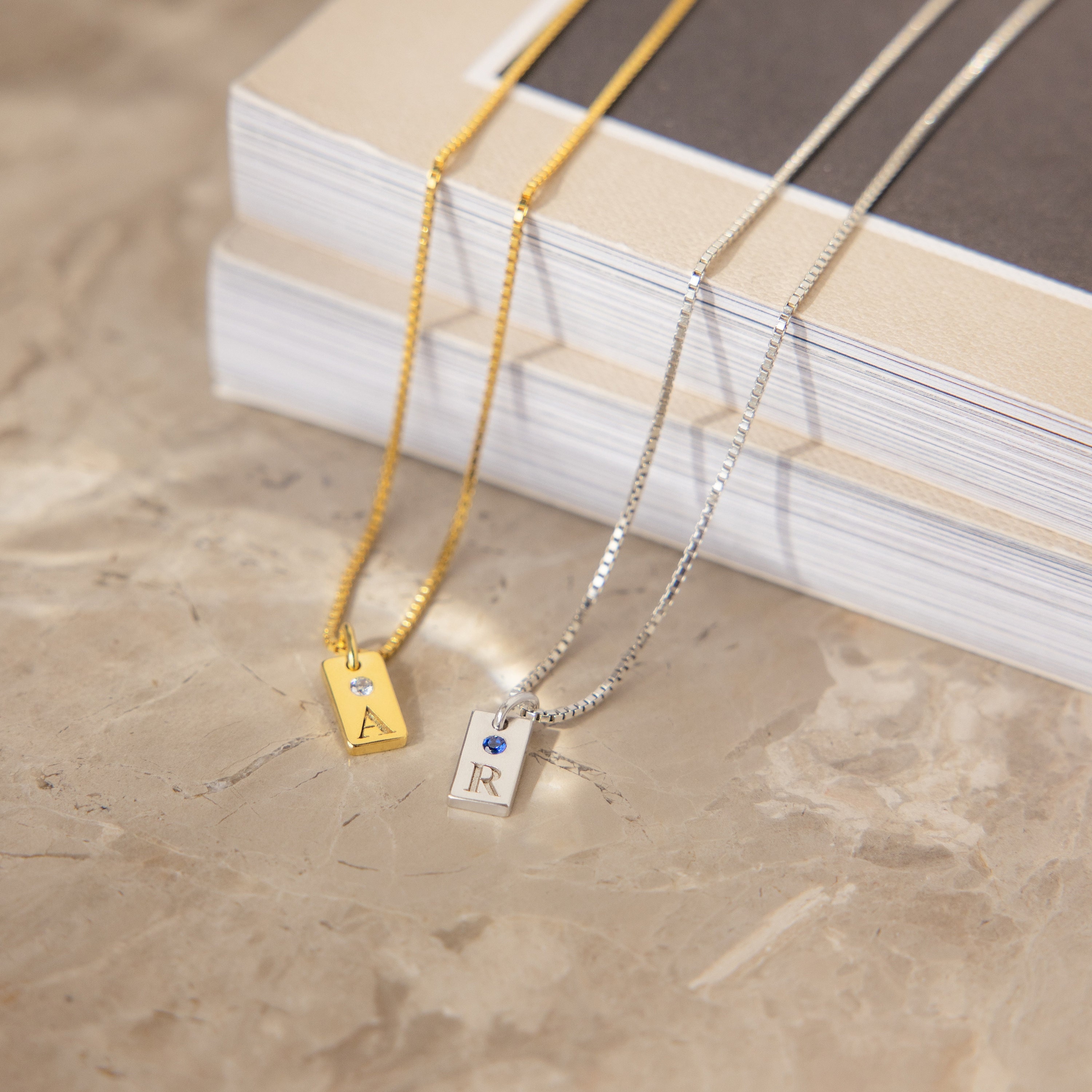 Birthstone Initial Tag Necklace by Caitlyn Minimalist • Custom Letter Necklace in Box Chain • Birthstone Jewelry • Mom Gift • NM83bNIF33