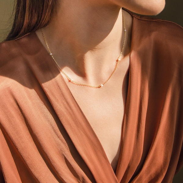 Dainty Pearl Station Necklace by Caitlyn Minimalist • Pearl Bead Layering Necklace for Mom • Wedding Jewelry, Bridesmaid Gift • NR107