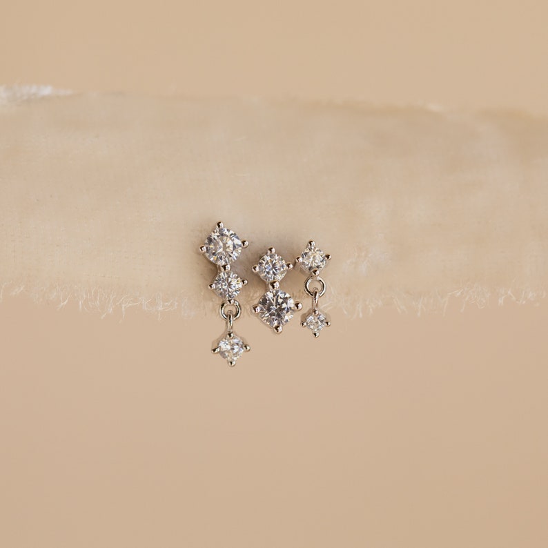 Set of 3 Diamond Drop Earrings by Caitlyn Minimalist Mismatched Stacking Earrings Set Stud Earrings Bridesmaid Gift for Her ER372 STERLING SILVER