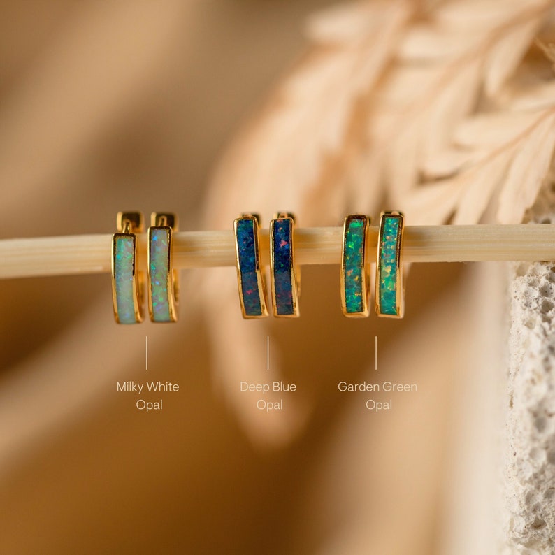 Opal Huggie Earrings by Caitlyn Minimalist Opal Inlay Hoops in White, Blue & Green Dainty Opal Jewelry Perfect for Everyday Wear image 3