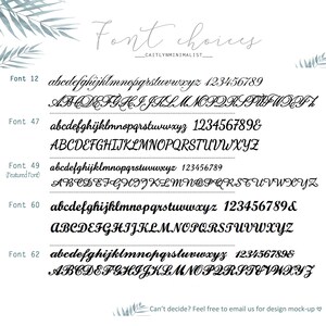 May include: A graphic showing different font styles for use in a design project. The fonts are labeled with numbers 12, 47, 49, 60, and 62. The text "Font choices" is at the top of the image. The text "_CAITLYNMINIMALIST_" is below the text "Font choices".