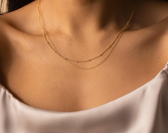 Beaded Duo Chain Necklace by Caitlyn Minimalist • Gold Layered Necklace with Satellite Chain and Delicate Chain Choker • Friend Gift • NR079