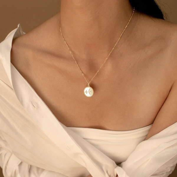 Solar Coin Pearl Necklace by CaitlynMinimalist • Celestial Mother of Pearl Necklace in Figaro Chain • Birthday Gift • NR049