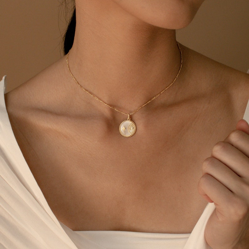 Celestial Coin Necklace with Figaro Chain by Caitlyn Minimalist Mother of Pearl Necklace, Boho Jewelry Perfect Gift for Her NR049 image 1