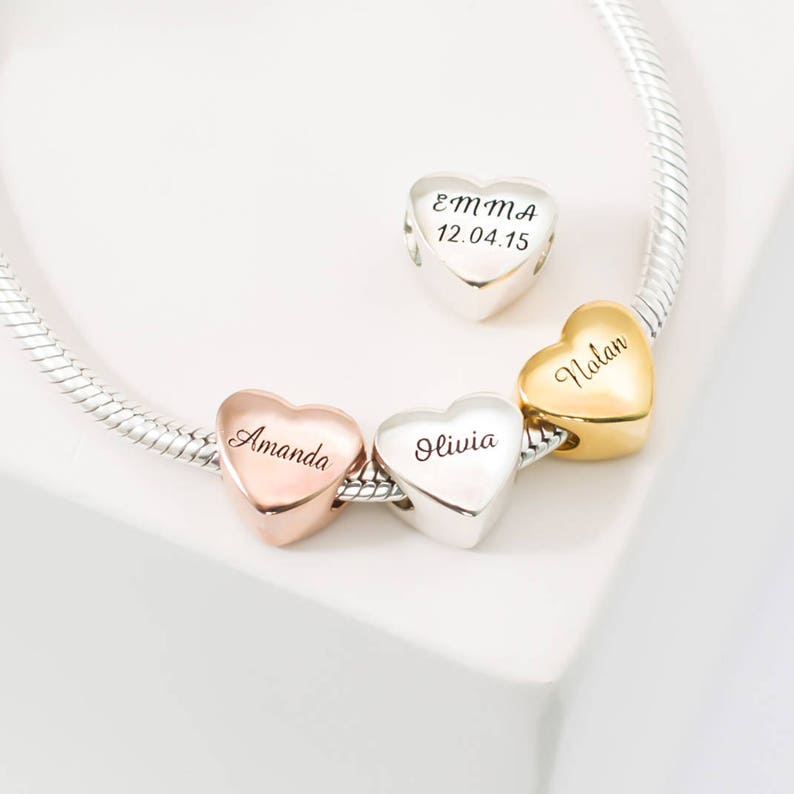 MOTHERS GIFT • Custom Name Heart Charm • Baby Family Charm Bracelet • Personalized European Bead Jewelry in Gold • Mom Gift • CM18F49 