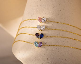 Toi et Moi Teardrop Heart Bracelet by Caitlyn Minimalist • Custom Duo Pear Gemstone Bracelet • Couples Jewelry • Best Friend Gift • BM81