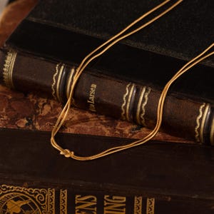 May include: A delicate gold necklace with a knotted design, resting on antique books with gold lettering. The necklace is thin and elegant, with a subtle shine. The books are bound in dark brown leather.