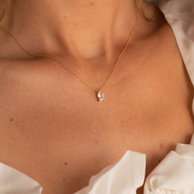 Diamond Necklace by Caitlyn Minimalist Dainty Emerald Cut Pendant Necklace Minimalist Necklace Bridesmaid Wedding Jewelry NR068 image 1