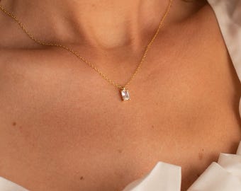 Diamond Necklace by Caitlyn Minimalist • Dainty Emerald Cut Pendant Necklace • Minimalist Necklace • Bridesmaid Wedding Jewelry • NR068