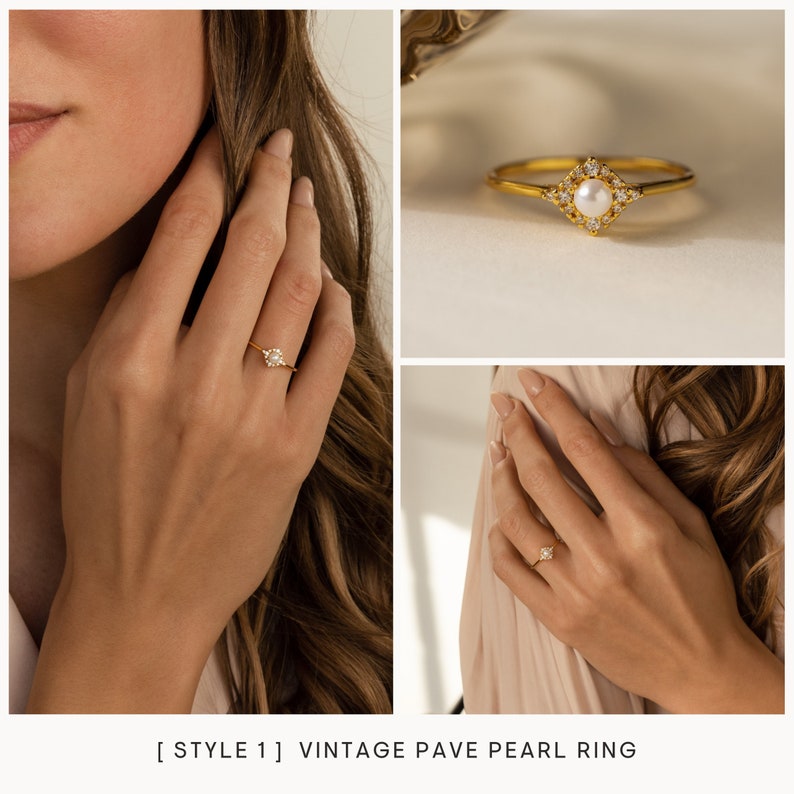 Pearl Diamond Stacking Rings by Caitlyn Minimalist Dainty Gold Pearl Rings Diamond Stackable Rings Set Maid of Honor Gift for Her 1-VINTAGE PEARL-GOLD