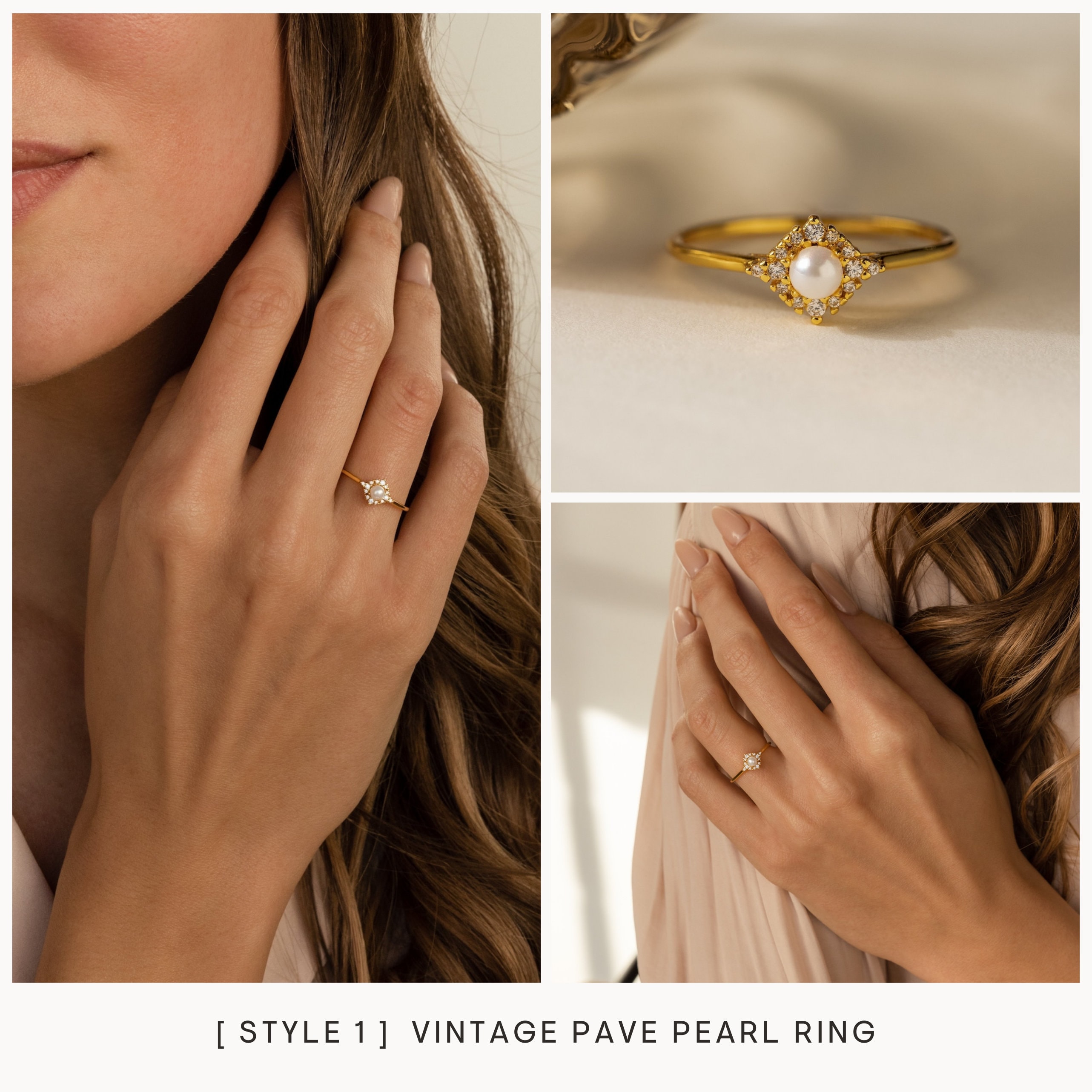 Pearl Diamond Stacking Rings by Caitlyn Minimalist • Dainty Gold Pearl Rings • Diamond Stackable Rings Set • Maid of Honor Gift for Her