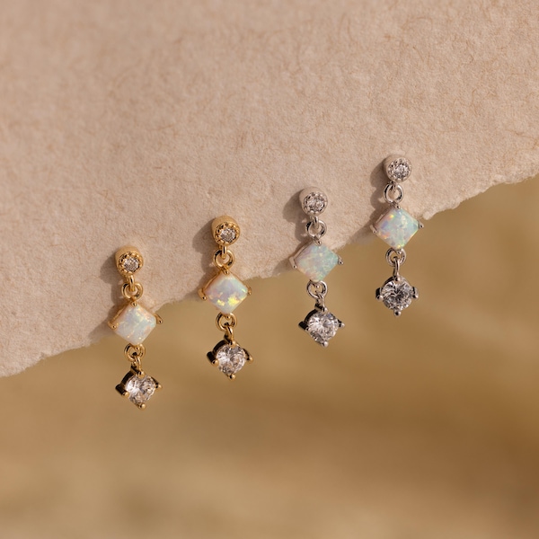 Opal Diamond Drop Earrings by Caitlyn Minimalist • Dainty Princess Cut Gemstone Stud Earrings • Birthstone Jewelry • Girlfriend Gift • ER572
