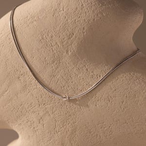 May include: A delicate silver necklace with a thin, double-strand design. The necklace features a small, circular clasp at the center, and is displayed on a neutral-toned mannequin. The jewelry is simple and elegant.