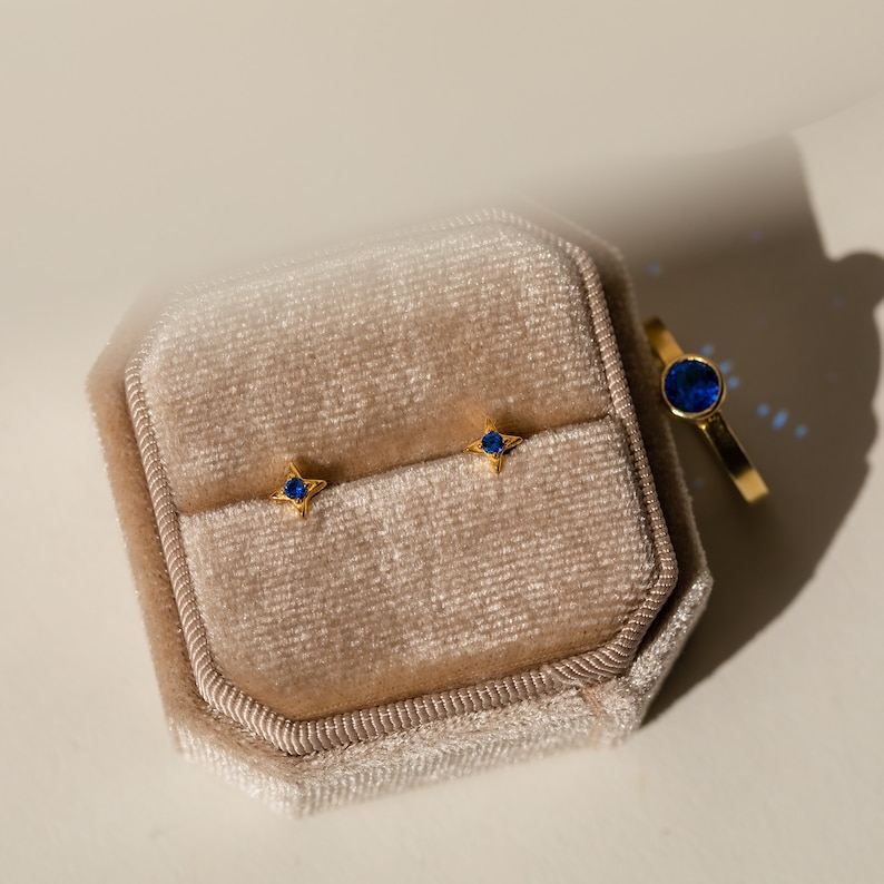 Sapphire Star Stud Earrings by Caitlyn Minimalist Dainty Blue Gemstone Earrings Celestial Crystal Jewelry Birthday Gift ER319 image 4