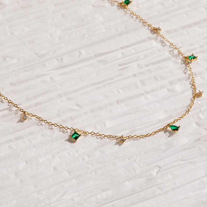 Emerald Station Necklace by Caitlyn Minimalist Dainty Diamond Necklace Vintage Jewelry Gifts for Her NR118 image 6