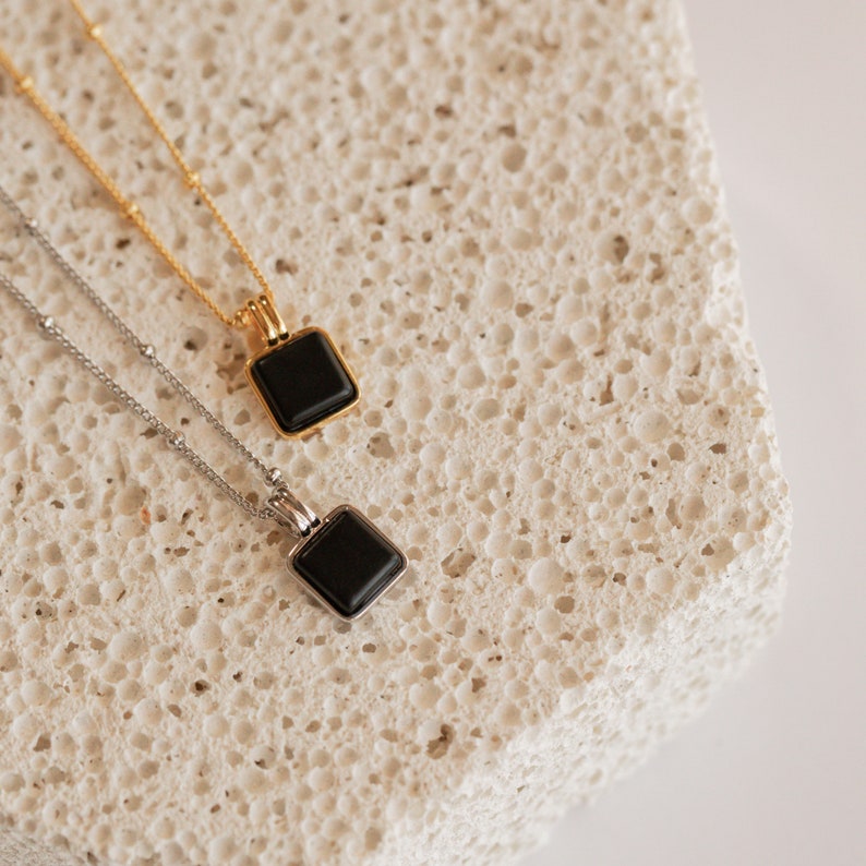 Black Pendant Necklace by Caitlyn Minimalist Statement Black Enamel Square Charm with Satellite Chain Gift for Her NR106 image 4