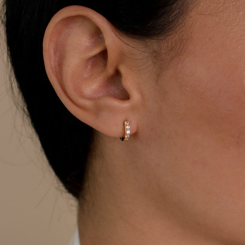Pave Huggie Hoop Earrings Diamond Stone Earrings Small Gold Hoop Earrings Minimalist Jewelry Wedding Earrings Gift for Her ER111 image 2
