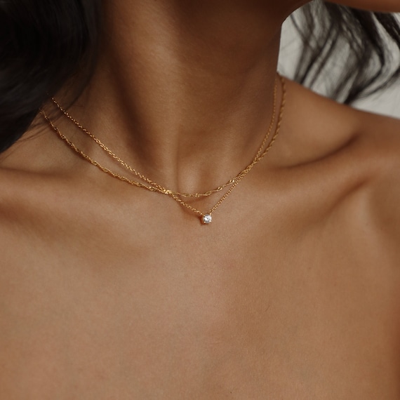 Dainty Diamond Necklace Floating Diamond Solitaire Necklace Minimalist Jewelry Bridesmaid Necklace Gift for Her NR048 Etsy