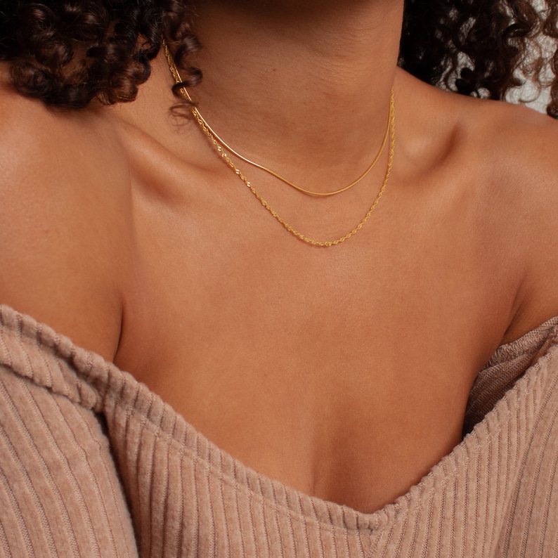 Duo Twist Chain Necklace by Caitlyn Minimalist Layered Necklace Set with Snake Chain, Singapore Chain Minimalist Choker Necklace NR066 image 9