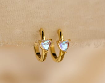 Moonstone Heart Huggie Earrings by Caitlyn Minimalist • Dainty Heart Gemstone Hoop Earrings • Moonstone Jewelry • Birthday Gift • ER532