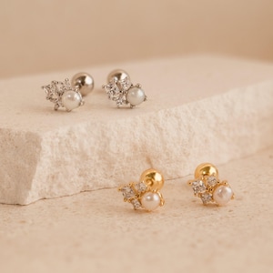 Pearl & Diamond Stud Earrings by Caitlyn Minimalist • Dainty Elegant Earrings • Wedding Earrings • Bridal Jewelry • Gift for Wife • ER298 SILVER