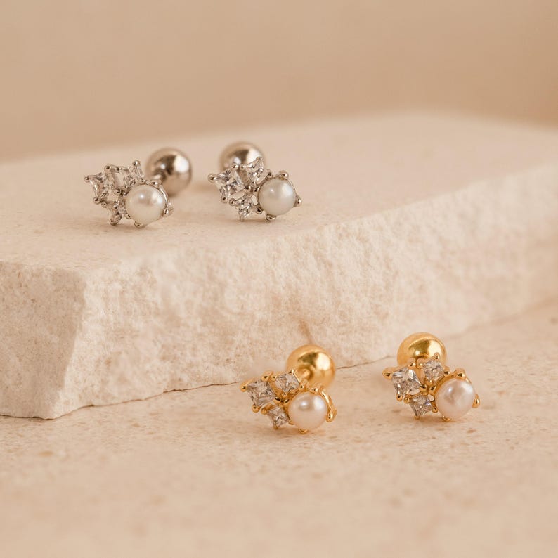 Pearl & Diamond Stud Earrings by Caitlyn Minimalist • Dainty Elegant Earrings • Wedding Earrings • Bridal Jewelry • Gift for Wife • ER298 SILVER