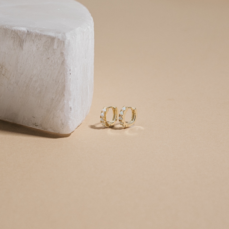 Opal Huggie Hoops by CaitlynMinimalist Opal Huggie Earrings Minimalist Gold Earrings Perfect Gift for Her ER029 image 5