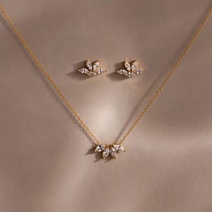 Marquise Diamond Jewelry Set by Caitlyn Minimalist • Set of 2 Diamond Flower Earrings and Necklace • Wedding Jewelry • Bridal Gift • MB019