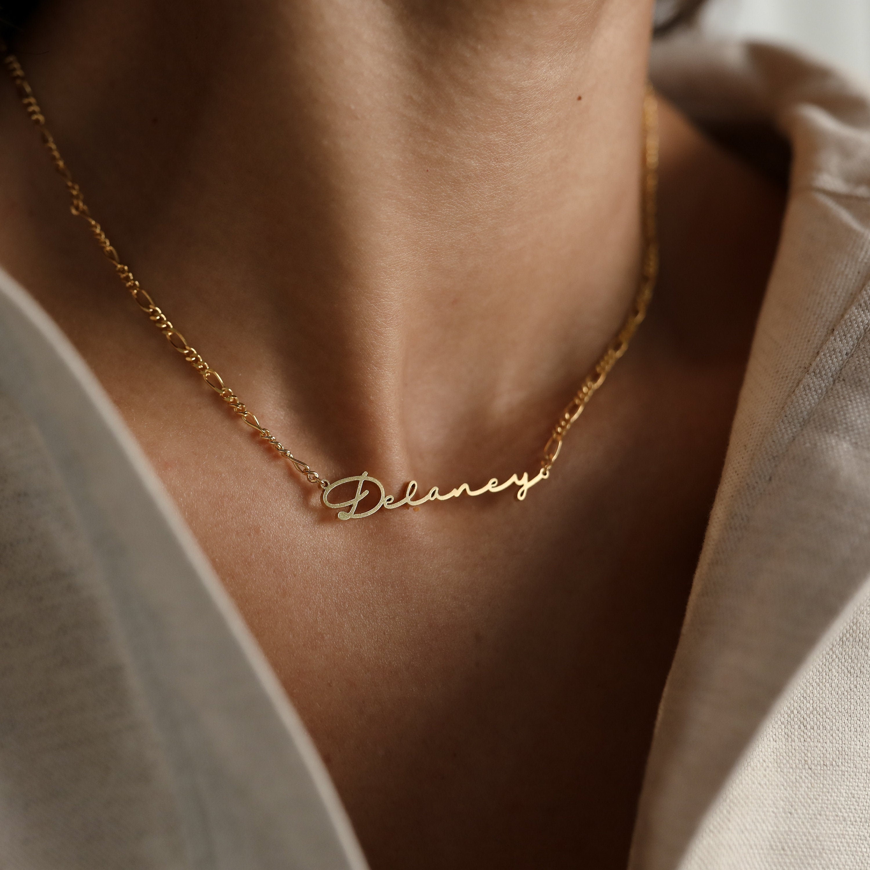 Name Necklace With Figaro Chain Custom 
