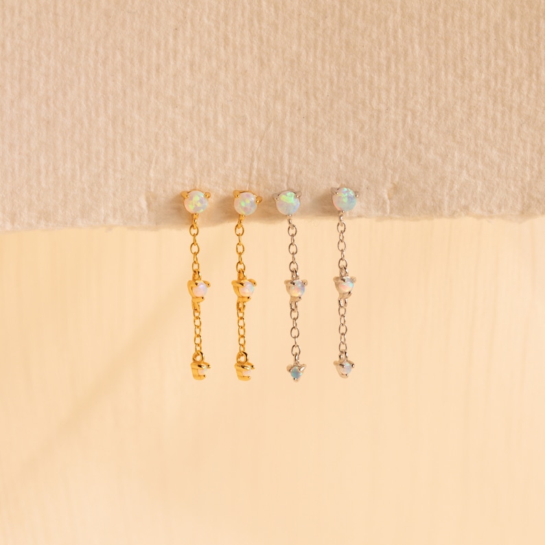 Opal Chain Drop Earrings by Caitlyn Minimalist Dangling Opal Stud Earrings Dainty Opal Jewelry in Gold Perfect Bridesmaid Gift ER414 image 6