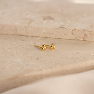 May include: A pair of gold-toned stud earrings with three small, round beads clustered together.