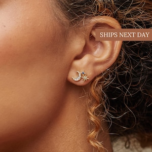 Moon and Star Stud Earrings by Caitlyn Minimalist • Diamond Earrings • Minimalist Earrings • Gift for Her • Celestial Jewelry • ER021