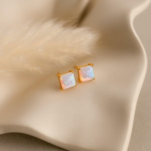 Princess Cut Opal Earrings by Caitlyn Minimalist • Vintage Style Statement Stud Earrings • Opal Gemstone Jewelry • Birthday Gift • ER418