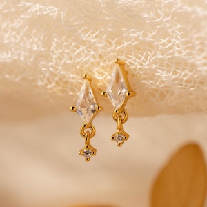 Diamond Kite Drop Earrings by Caitlyn Minimalist • Dangling Birthstone Stud Earrings • Dainty Vintage Jewelry • Anniversary Gifts • ER441