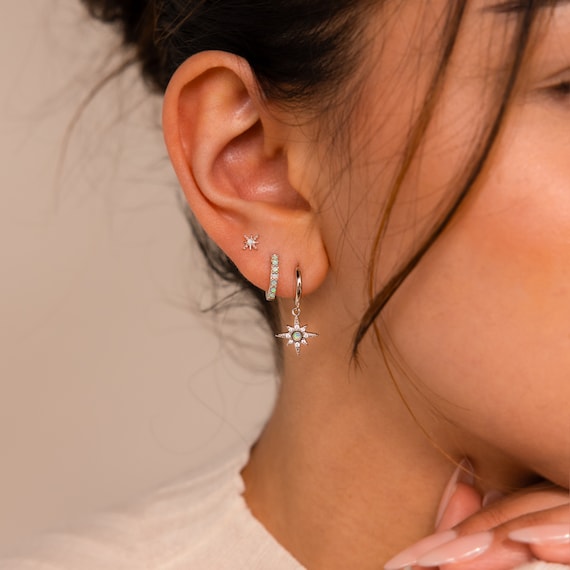 Starburst Opal Earring Set by Caitlyn Minimalist • Star Charm Huggie Hoop Earrings • Dainty Silver Jewelry • Bridesmaid Gift • ER425