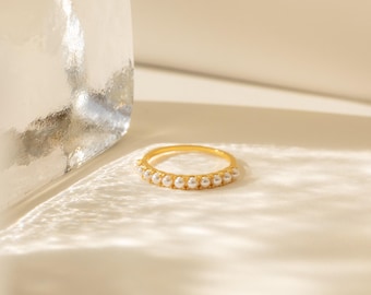 Crescent Pearl Ring by Caitlyn Minimalist • Delicate Stacking Ring in Gold • Minimalist Pearl Beaded Jewelry • Gift for Girlfriend • RR100