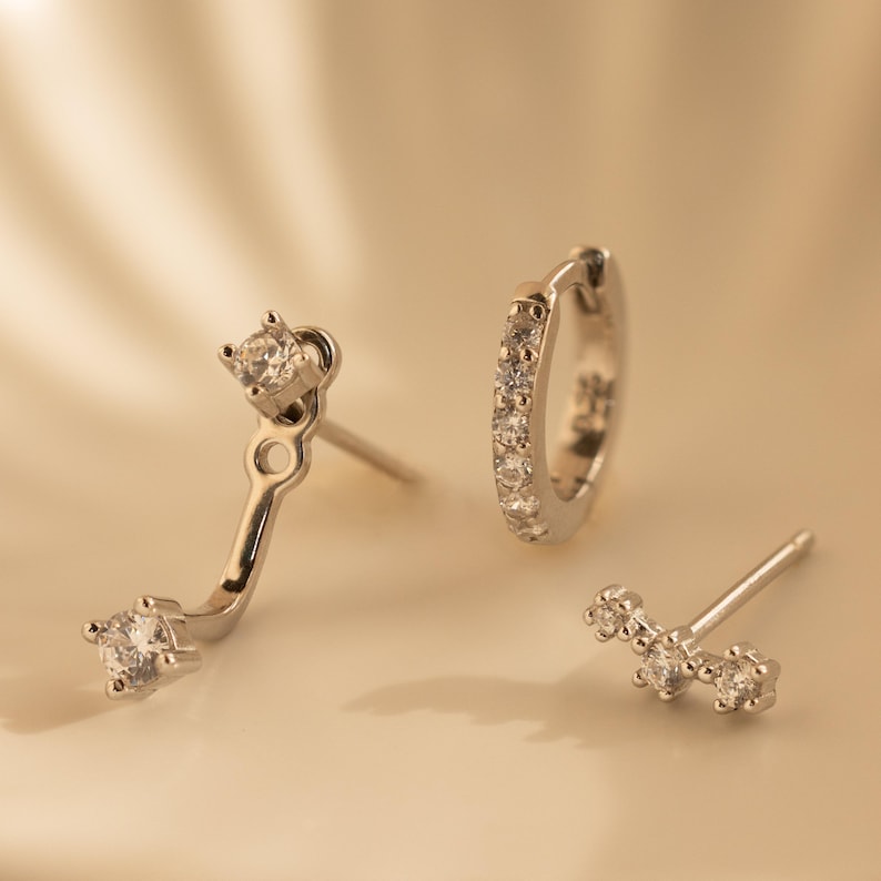 Diamond Earring Set by Caitlyn Minimalist • Set of 3: Ear Climber, Ear Jacket & Pave Diamond Hoop • Silver Jewelry • Gift for Her • ER427 image 3