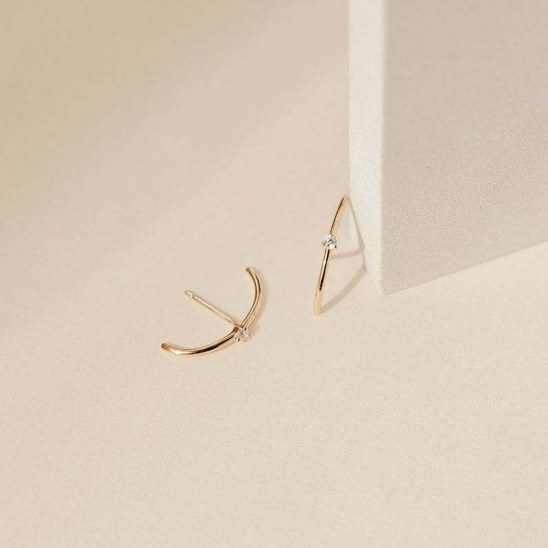 Arc Stud Earrings by Caitlyn Minimalist Modern Diamond Stud Earrings in Gold, Silver, Rose Gold Minimalist Suspender Earrings ER002 image 1