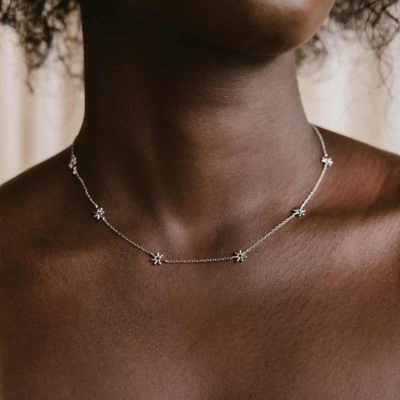 May include: A silver necklace with a delicate chain and small star-shaped charms.