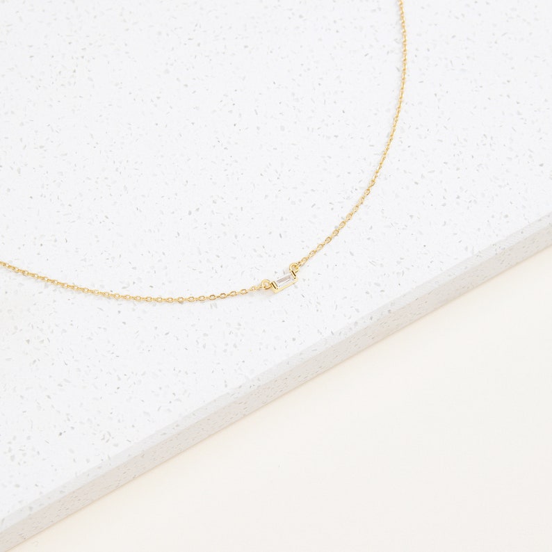 Baguette Diamond Necklace in Gold, Rose Gold, Sterling Silver by Caitlyn Minimalist Perfect Gift for Her NR005 image 4