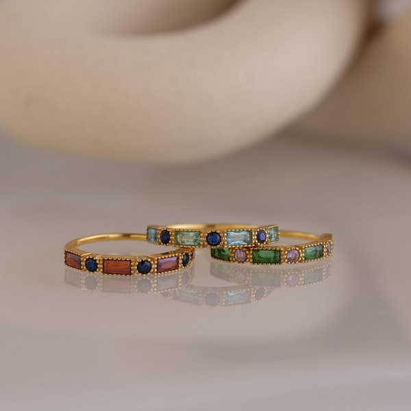 Round Baguette Birthstone Ring by Caitlyn Minimalist • Vintage Gemstone Stacking Ring Band • Art Deco Jewelry • Custom Gift for Mom • RM177
